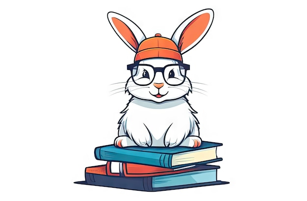 Photo adorable bunny wears graduated cap and poses with books flat illustration