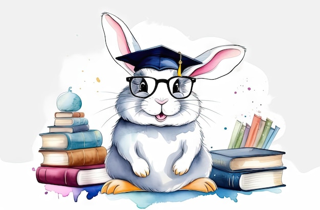 Прекрасный кролик носит очки и позирует с книгами и акварельными иллюстрациями.
