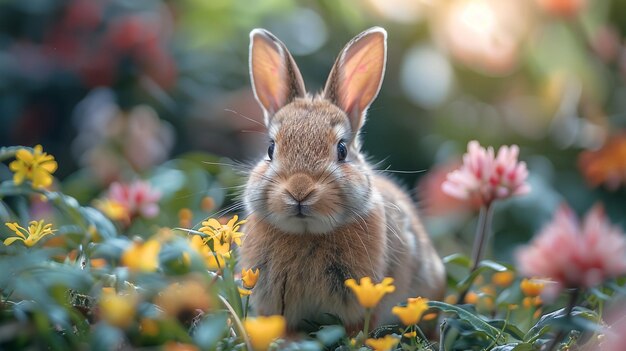 花の草原でイースターの卵を持った可愛いウサギ