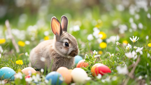 花の草原でイースターの卵を持った可愛いウサギ