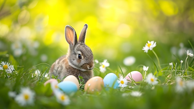 Прекрасный кролик с пасхальными яйцами на цветочной луге