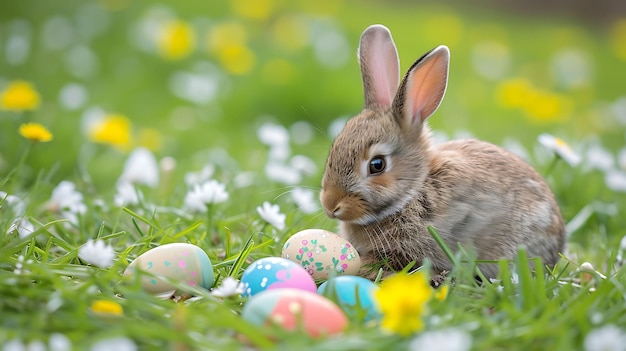 Фото Прекрасный кролик с пасхальными яйцами на цветочной луге