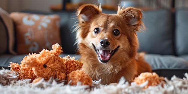 Photo adorable canine grinning beside torn plaything