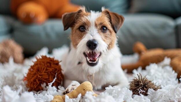 Photo adorable canine grinning next to torn plaything