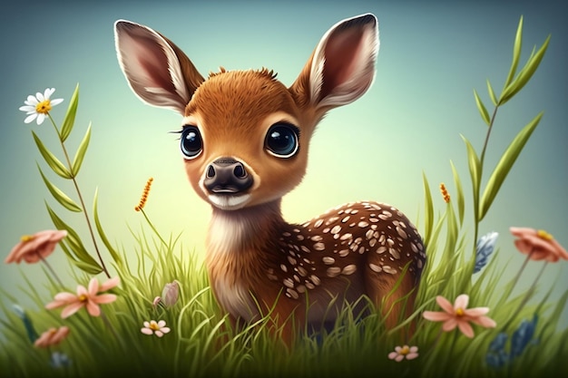 Adorable Cartoon Baby Deer in a Spring Meadow generative Ai