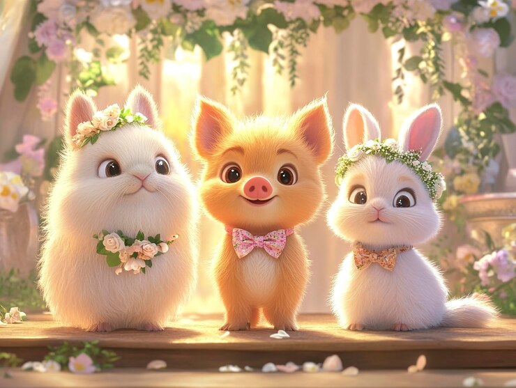 Photo 可愛い漫画のウサギと豚の結婚式