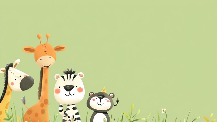 Photo adorable cartoon giraffe zebra and bear with blank green background