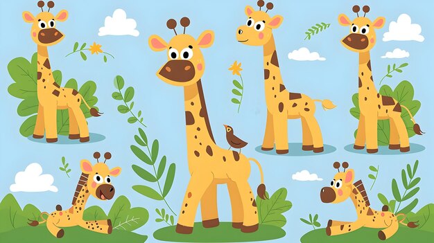 Photo adorable cartoon giraffes frolicking in a lush jungle landscape with vibrant foliage and fluffy clou