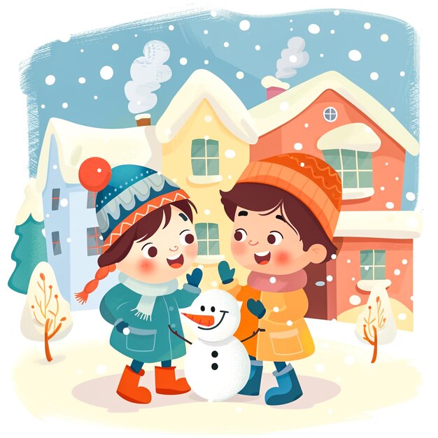 Photo adorable cartoon kids building a snowman in winter wonderland christmas illustration