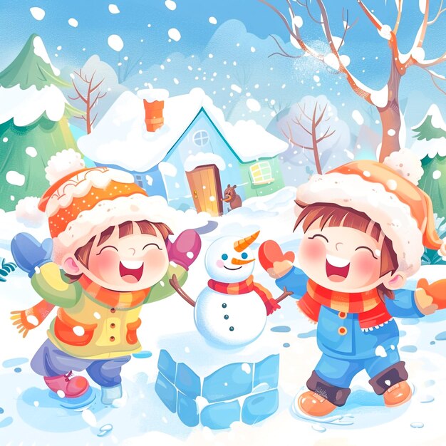 Photo adorable cartoon kids building a snowman in winter wonderland christmas illustration