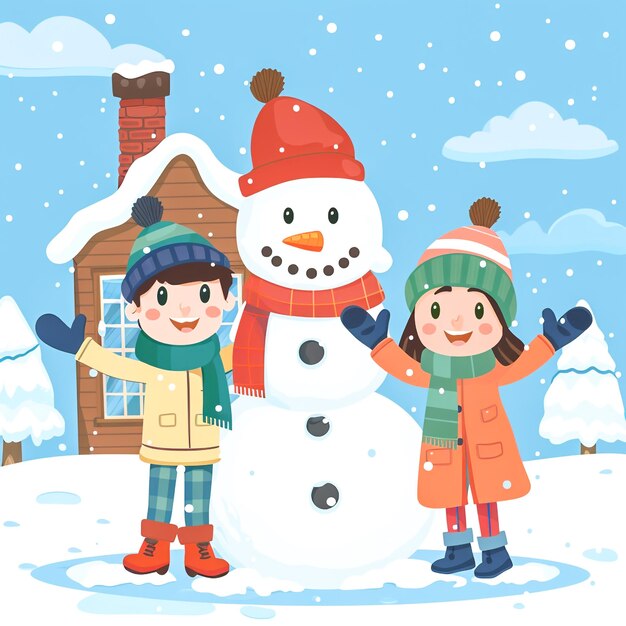 Photo adorable cartoon kids building a snowman in winter wonderland christmas illustration