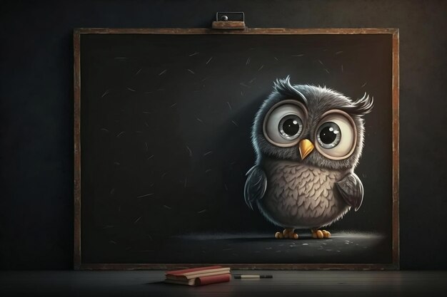 Adorable Cartoon Owl Standing in Front of a Blackboard with Copy Space Banner Generative Ai