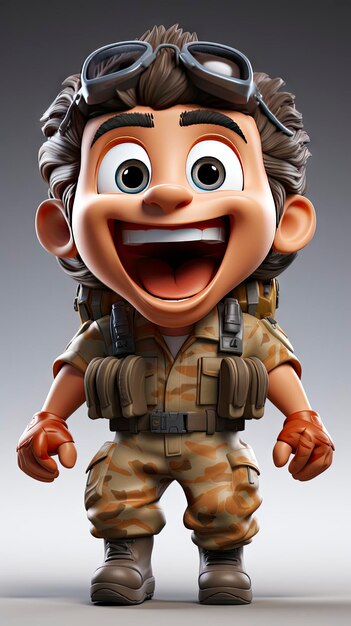 Фото Увлекательный солдат из мультфильмов в полном снаряжении с очаровательной улыбкой и большими глазами