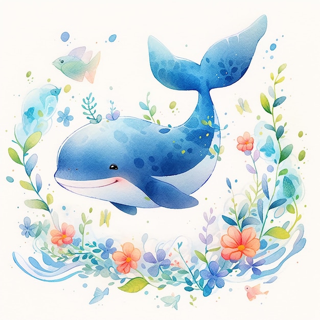 Adorable Cartoon Whale Watercolor Style Full Body Illustration