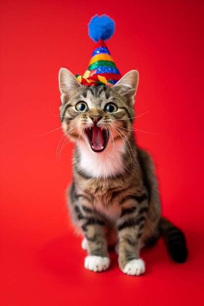 Adorable cat in clown hat and festival clothes on red studio background