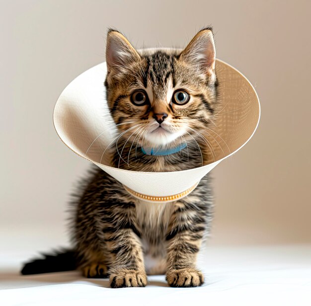 Photo adorable cat in comfy cone collar a realistic product photo with white background