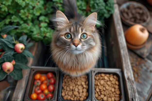 Adorable cat curiously watching food professional photography