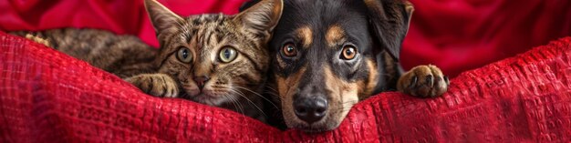 Foto l'adorabile duo di gatto e cane abbracciato da una coperta rossa