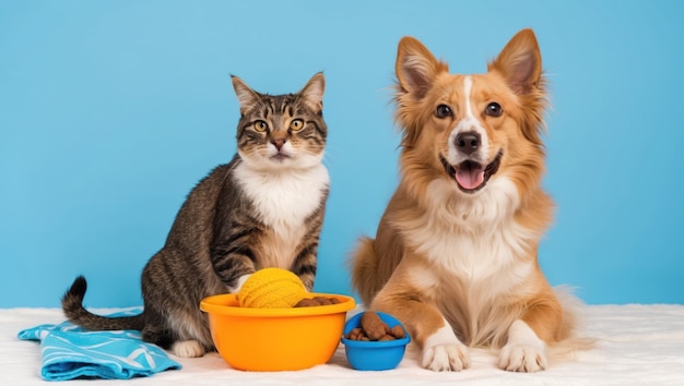 青い背景と果実の木製のテーブルで一緒に可愛い猫と犬