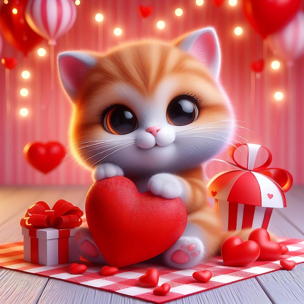 발렌타인 데이를 위한 하트 로맨틱 3D 사진을 들고 있는 사랑스러운 고양이 귀여운 고양이 사랑 이미지