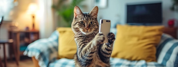 Foto gatto adorabile che tiene un smartphone come se prendesse un selfie con uno sfondo domestico accogliente illuminato da caldo