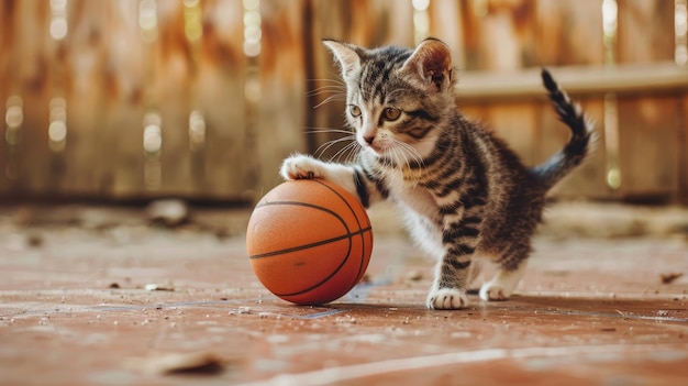 Foto l'adorabile gattino si indulge in un gioco giocoso padroneggiando le abilità di basket in una sala sportiva
