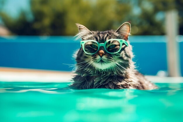 Adorable cat puddle fun with sunglasses generative ai