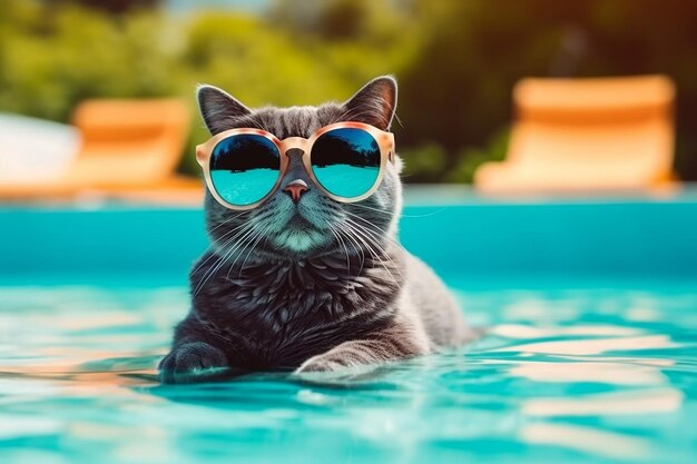 Adorable cat puddle fun with sunglasses generative ai