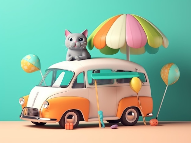 Adorable cat sittign on the car ready for travel summer concept Generative AI