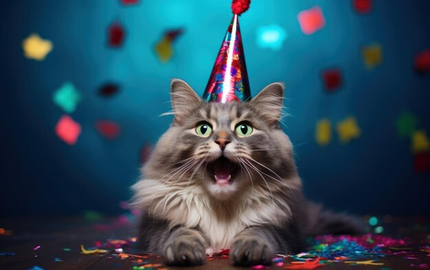 Foto un gatto adorabile con un cappello da festa elegante.