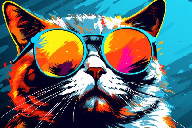 Adorable cat in sunglasses on vibrant pop art background Generative AI