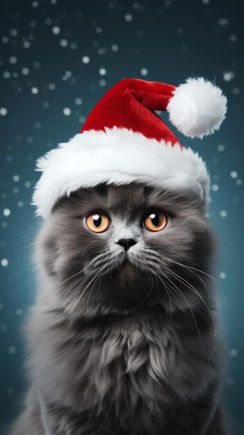 사진 크리스마스 모자를 입은 사랑스러운 고양이가 최소한의 파스텔 회색 배경에 프레임되어 집중되어 있습니다.