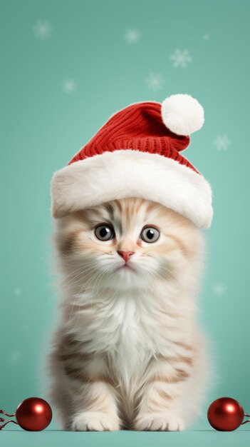 Foto gatto adorabile che indossa un cappello di natale incorniciato contro uno sfondo minimo di colore grigio pastello focalizzato o