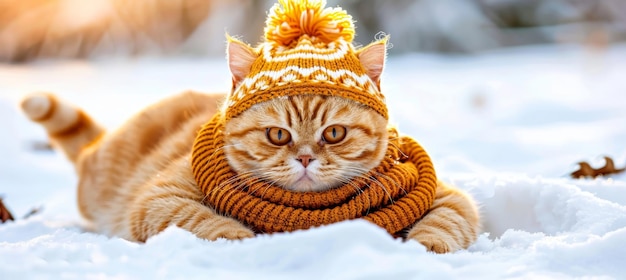 Photo adorable cat wears cute knitted hat and sweater for an endearing and amusing appearance