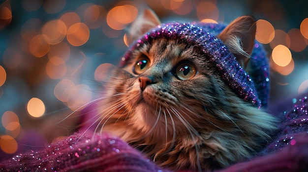 Adorable cat with a purple hat against a backdrop of magic Generative Ai