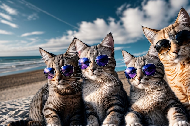 Foto adorabili gatti indossano occhiali da sole alla spiaggia