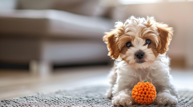 Прекрасный щенок Кавальер с ярко-оранжевой игрушкой на уютном ковре