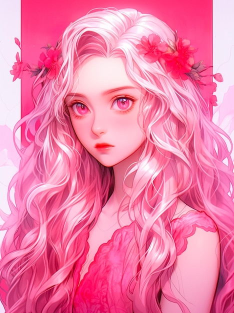 Adorable and charming girl with curly blonde hair and pink background ai generated