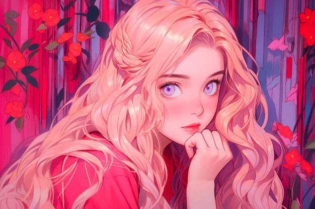 Adorable and Charming Girl with Curly Blonde Hair and Pink Background Ai generated