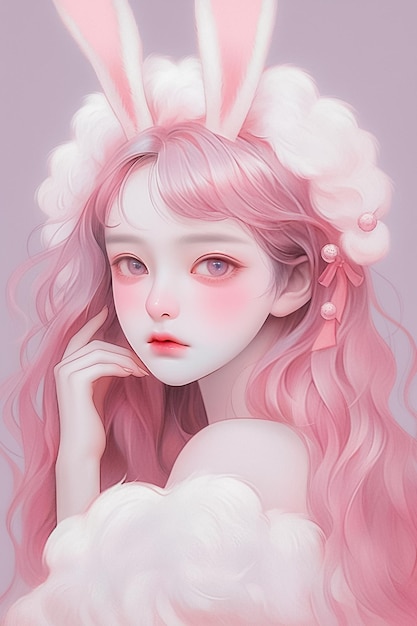 Очаровательная и очаровательная девушка с розовыми волосами и кроличьими ушками создана Ai