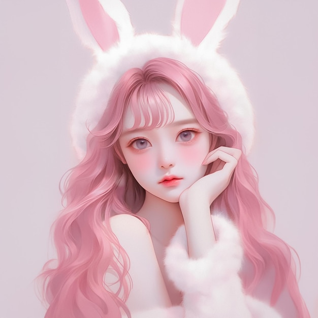 분홍색 머리와 토끼 귀를 가진 사랑스럽고 매력적인 소녀 Ai 생성