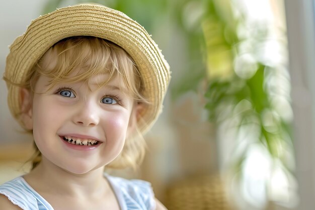 Adorable cheerful little girl in straw hat at home indoor