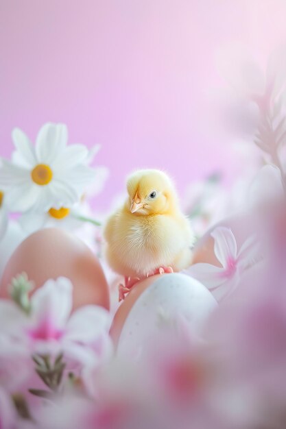 Adorable chick among eggs and soft pink flowers symbolizing new beginnings Ideal