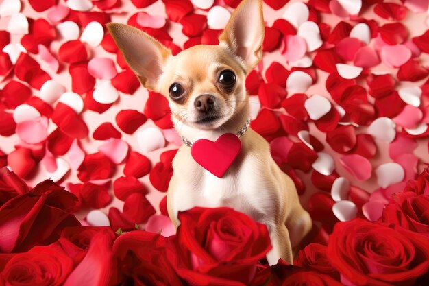 写真 バラの花びらに花をつけた可愛いチワワ犬 バレンタインデーカードの背景