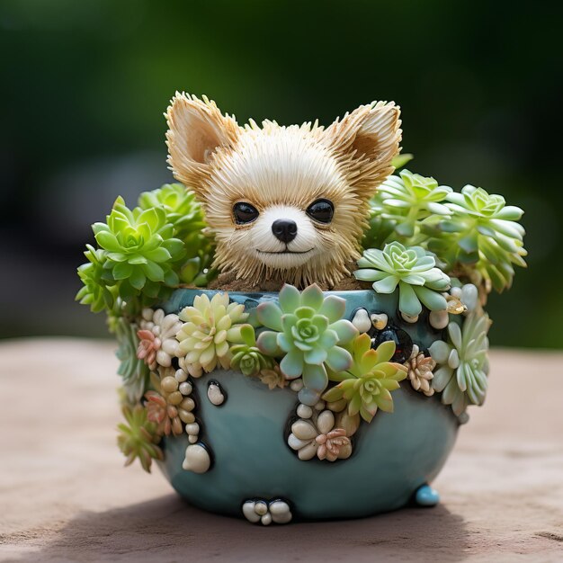 Photo adorable chihuahua pot sculpture a joyful celebration of nature