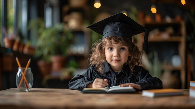 Adorable child in graduation cap sitting at a table with a book looking thoughtful in a cozy cafe