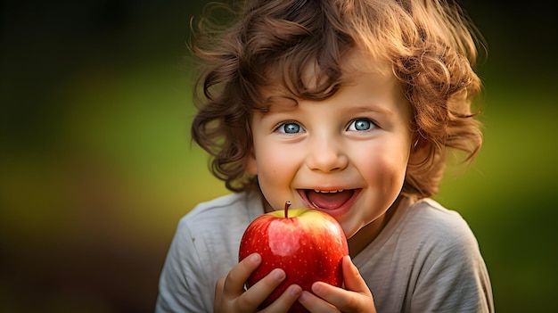 Adorable child munching on a crisp apple
