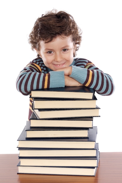 Adorable child studying over white background