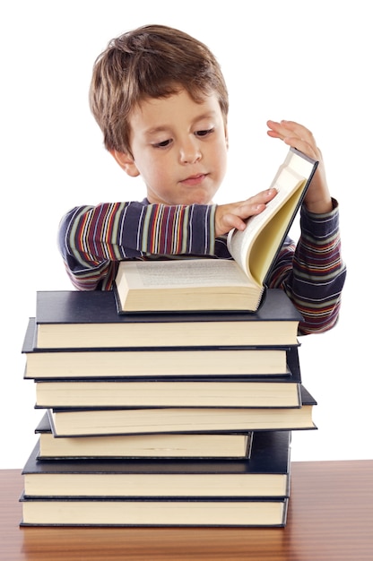 Adorable child studying over white background