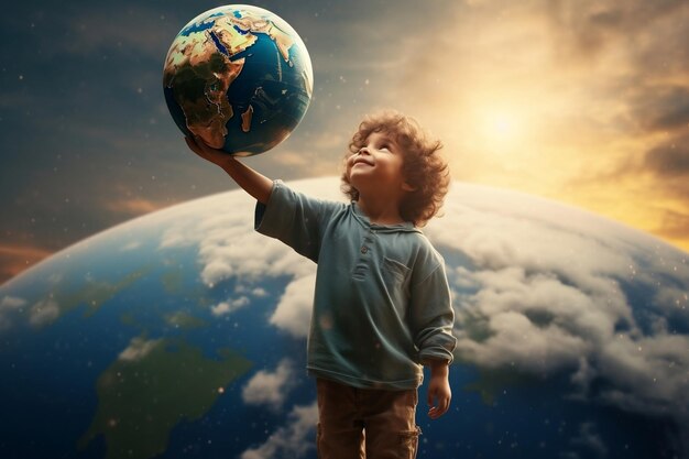 Adorable Child with a Large Earth Planet Balloon Generative AI